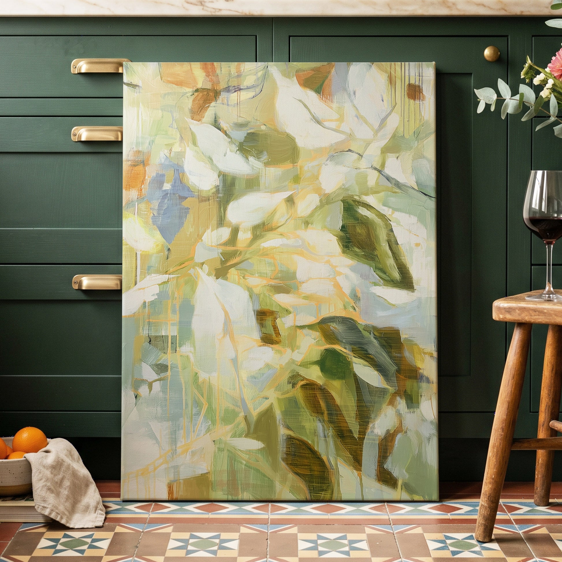 Quiet Canopy, green, beige, white nature wall art displayed in a styled interior, gallery view 7