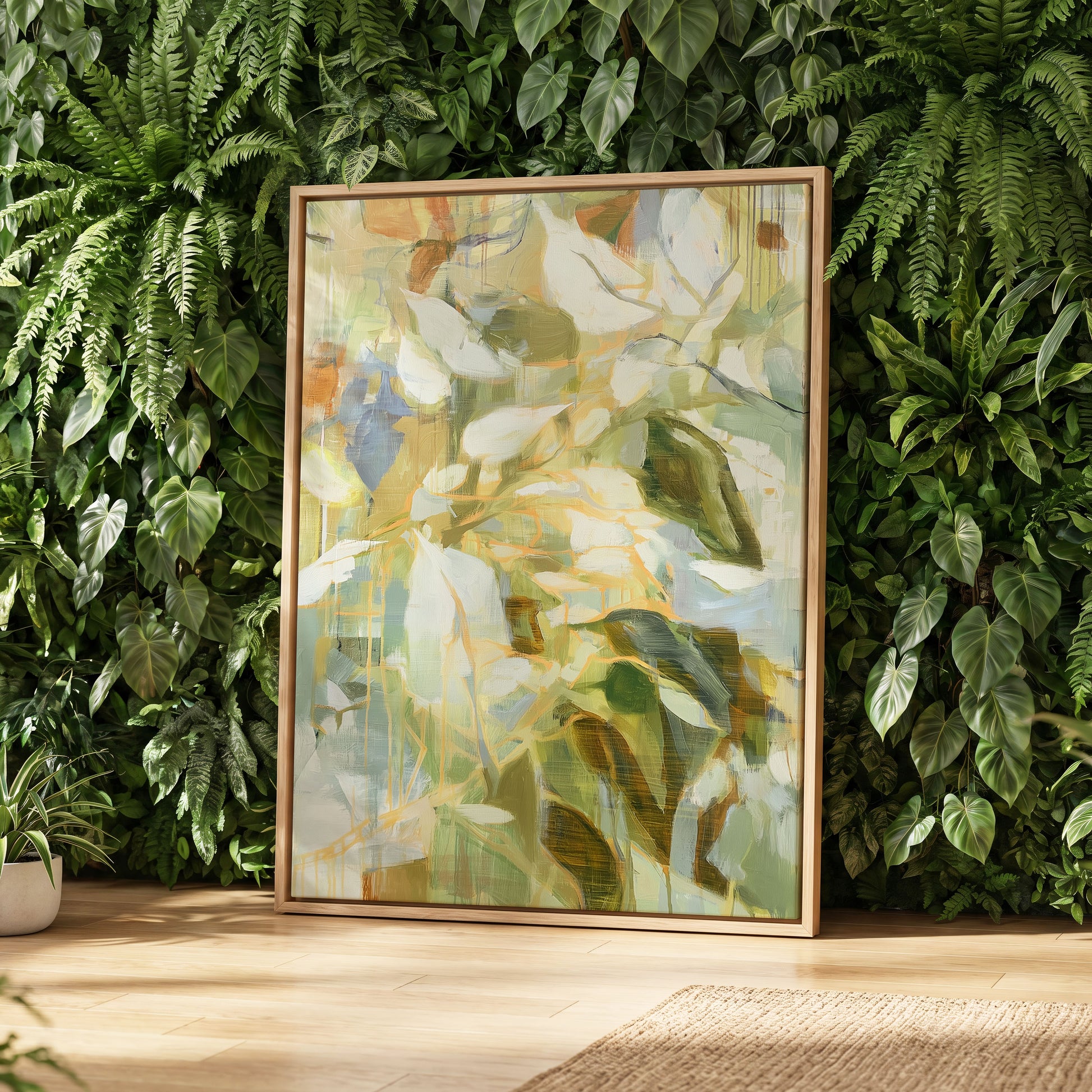 Quiet Canopy, green, beige, white nature wall art displayed in a styled interior, gallery view 8