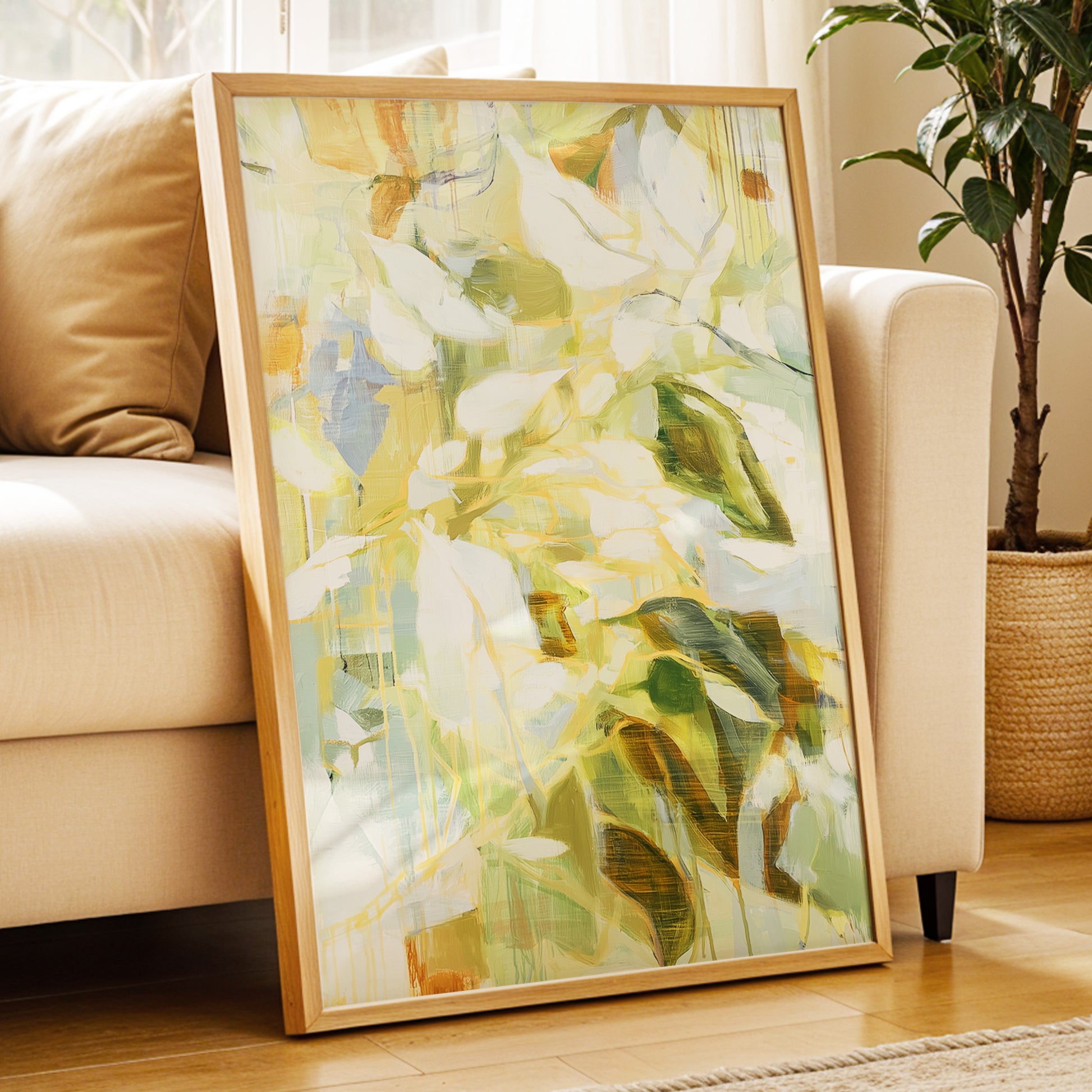 Quiet Canopy, green, beige, white nature wall art displayed in a styled interior, gallery view 9