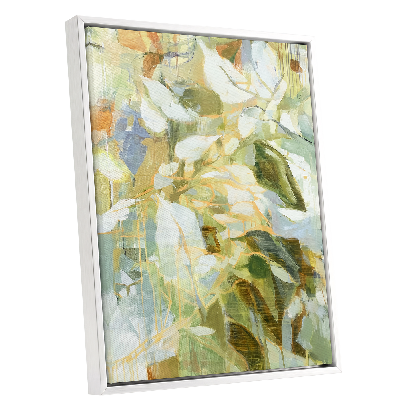 Quiet Canopy, green, beige, white nature wall art shown as a white framed canvas wall art