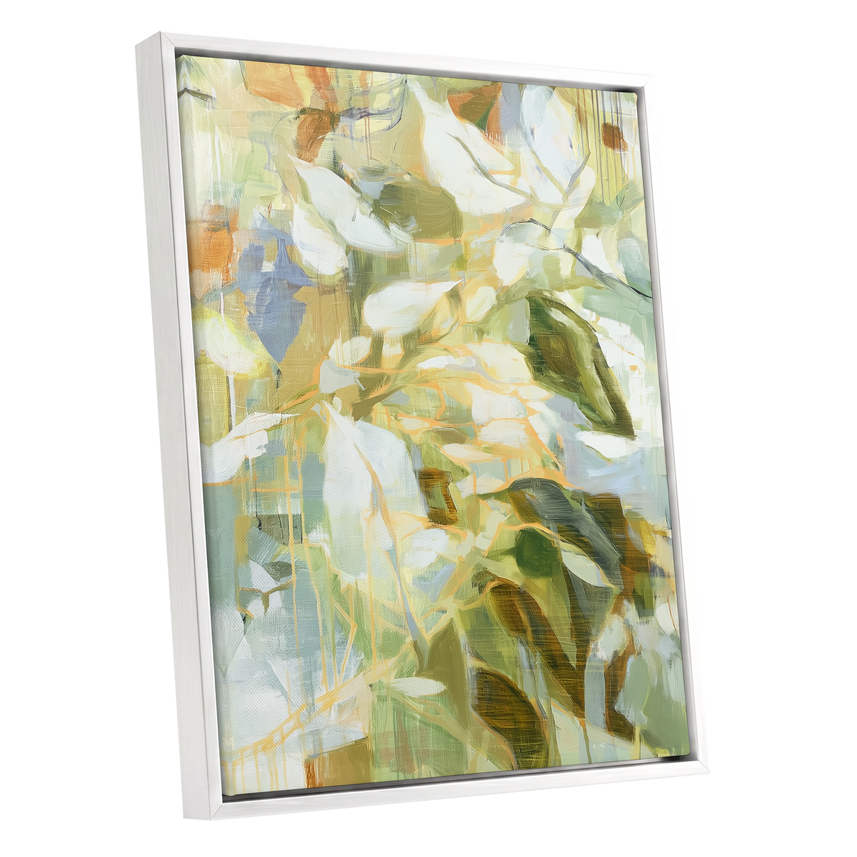 Quiet Canopy, green, beige, white nature wall art shown as a white framed canvas wall art