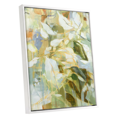 Quiet Canopy, green, beige, white nature wall art shown as a white framed canvas wall art