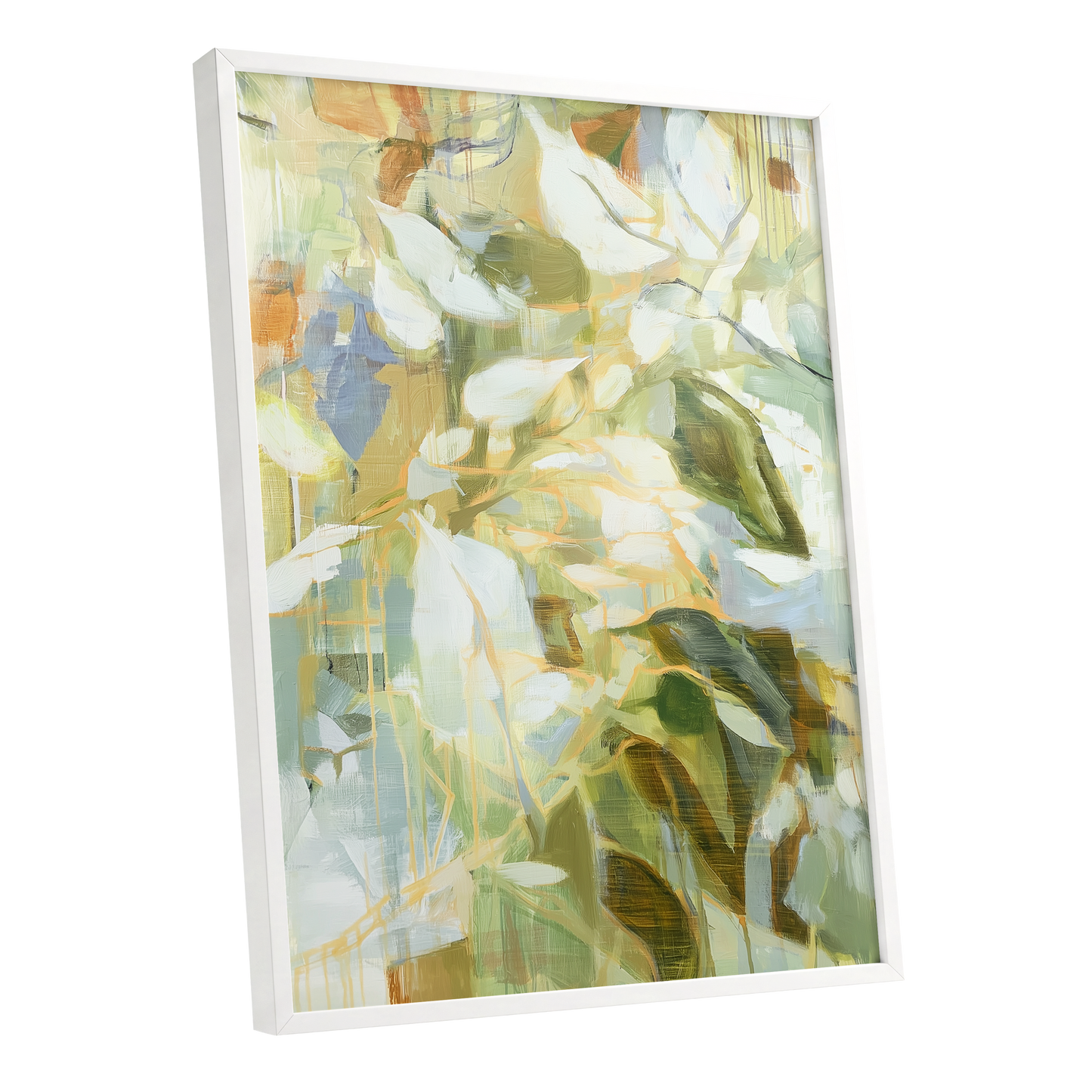 Quiet Canopy, green, beige, white nature wall art shown as a white framed poster wall art print
