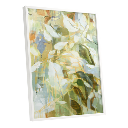 Quiet Canopy, green, beige, white nature wall art shown as a white framed poster wall art print