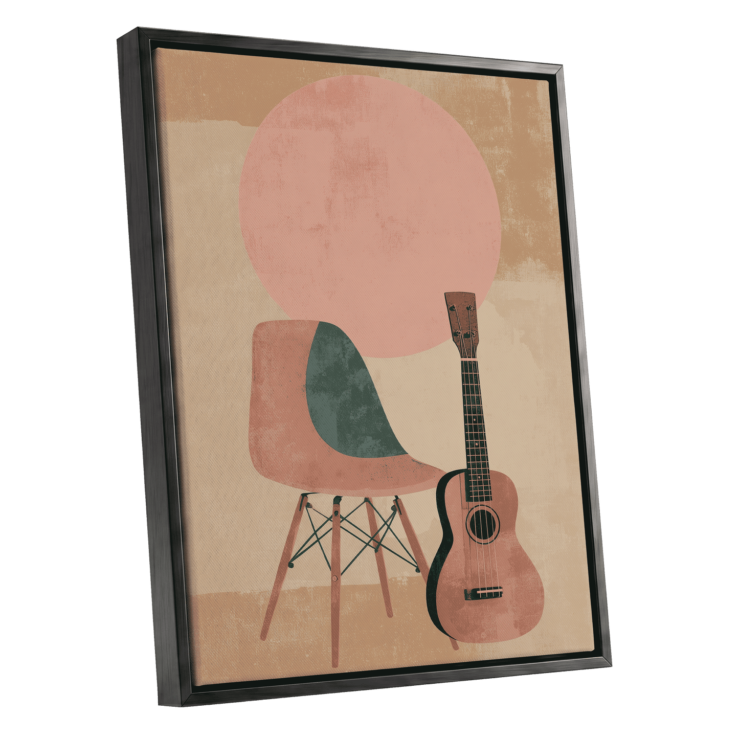 Quiet Chords, black, green, beige minimalist wall art shown as a black framed canvas wall art