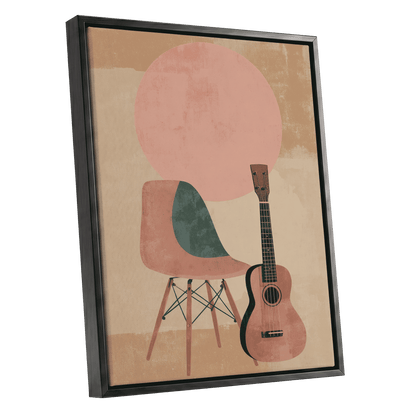 Quiet Chords, black, green, beige minimalist wall art shown as a black framed canvas wall art