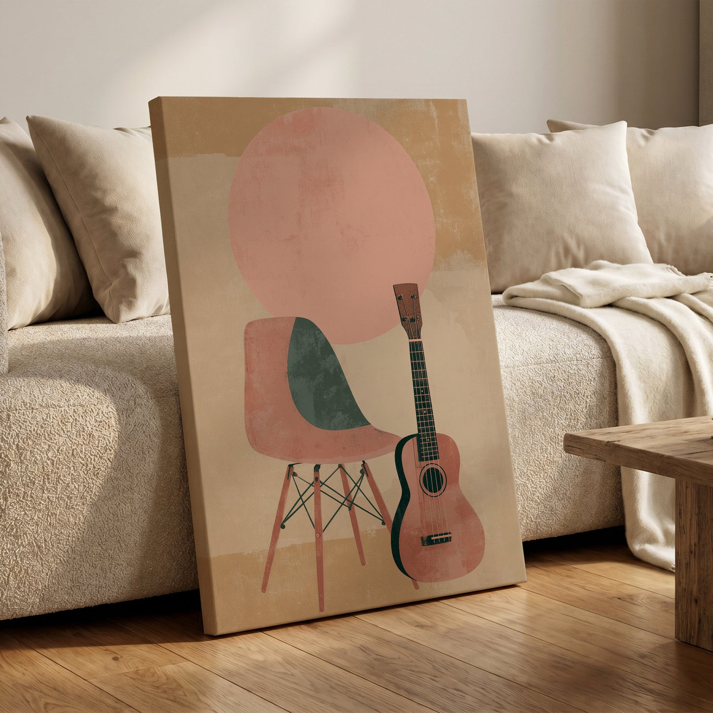 Quiet Chords, black, green, beige minimalist wall art on canvas displayed in a styled interior, gallery view 1