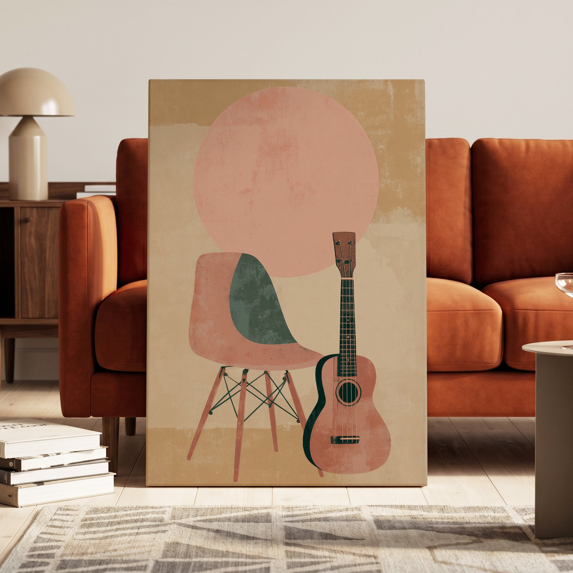 Quiet Chords, black, green, beige minimalist wall art on canvas displayed in a styled interior, gallery view 2