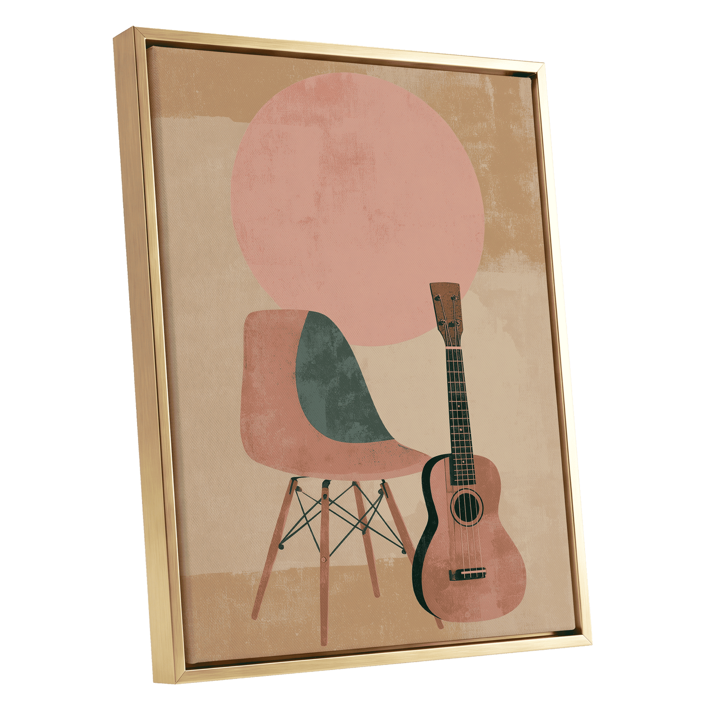 Quiet Chords, black, green, beige minimalist wall art shown as a gold framed canvas wall art