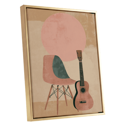 Quiet Chords, black, green, beige minimalist wall art shown as a gold framed canvas wall art