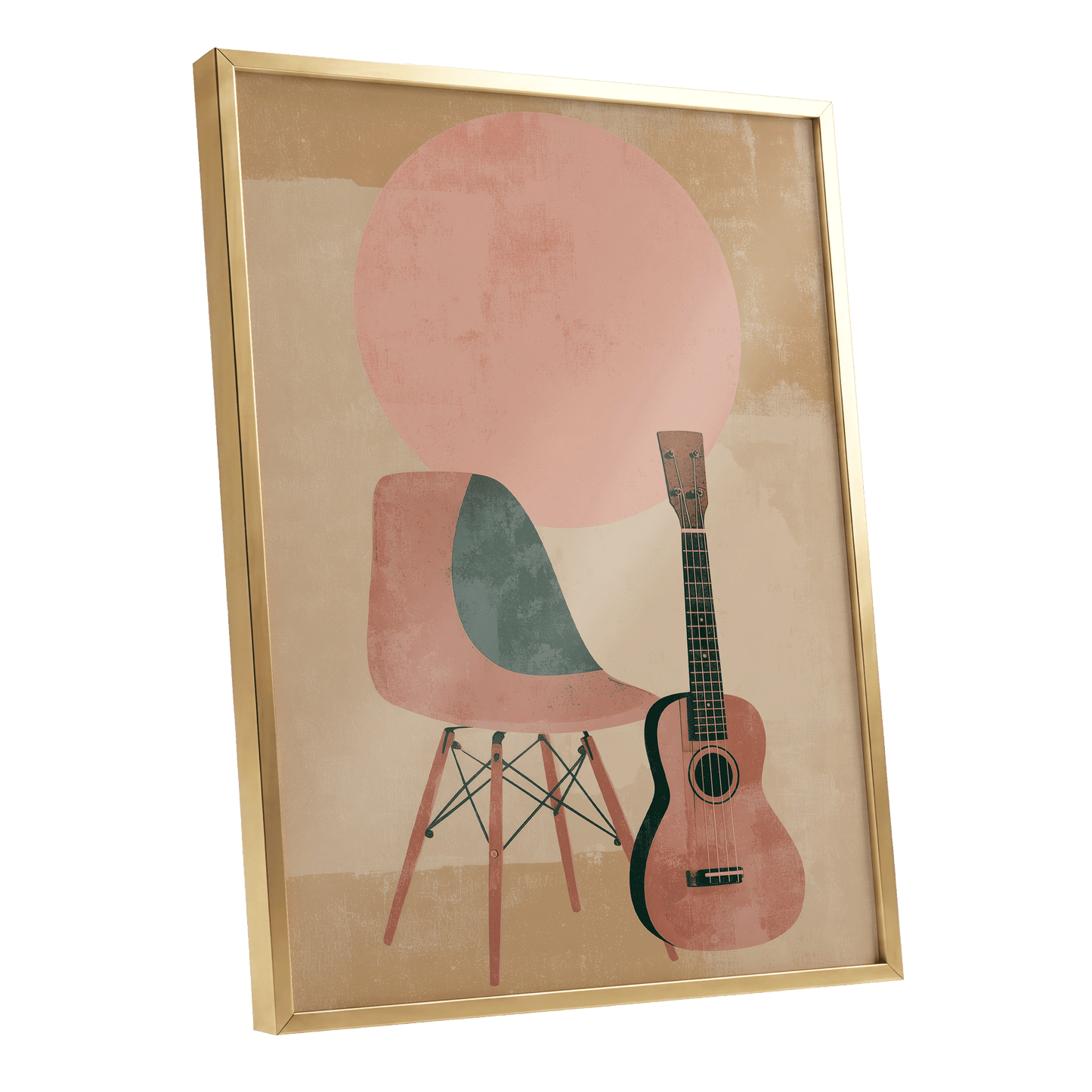 Quiet Chords, black, green, beige minimalist wall art shown as a gold framed poster wall art print