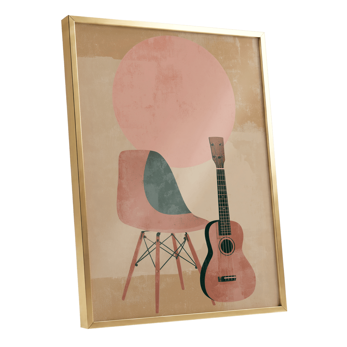 Quiet Chords, black, green, beige minimalist wall art shown as a gold framed poster wall art print
