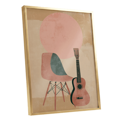Quiet Chords, black, green, beige minimalist wall art shown as a gold framed poster wall art print