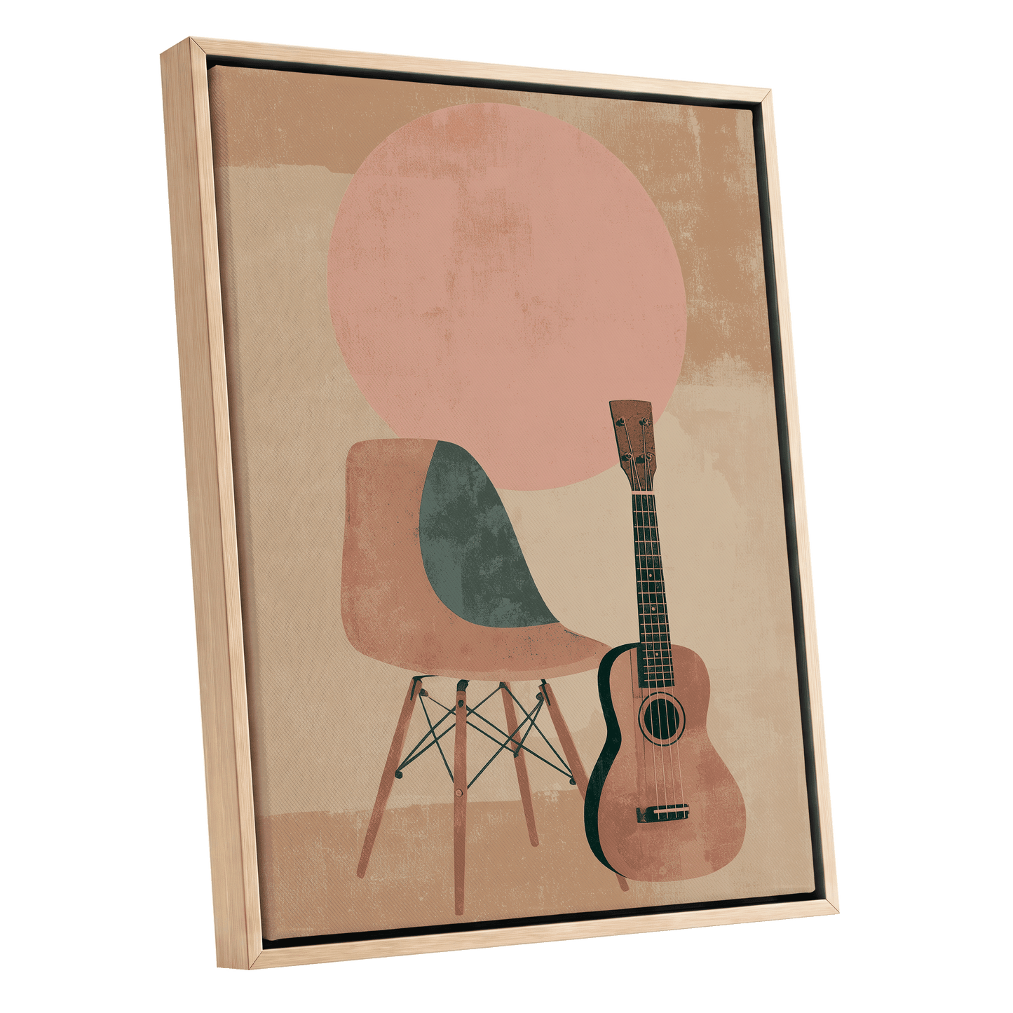 Quiet Chords, black, green, beige minimalist wall art shown as a oak framed canvas wall art