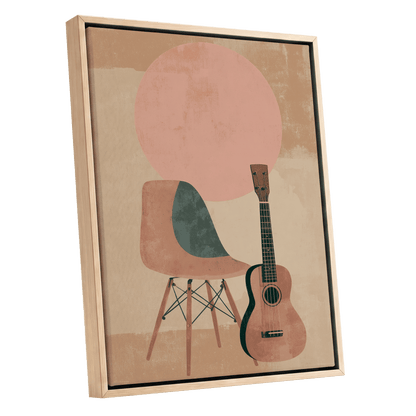 Quiet Chords, black, green, beige minimalist wall art shown as a oak framed canvas wall art