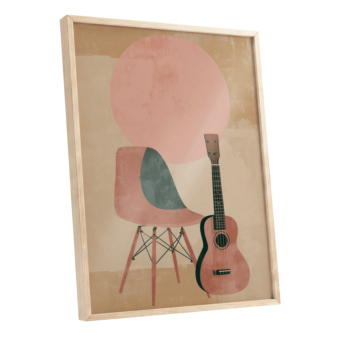 Quiet Chords, black, green, beige minimalist wall art shown as a oak framed poster wall art print
