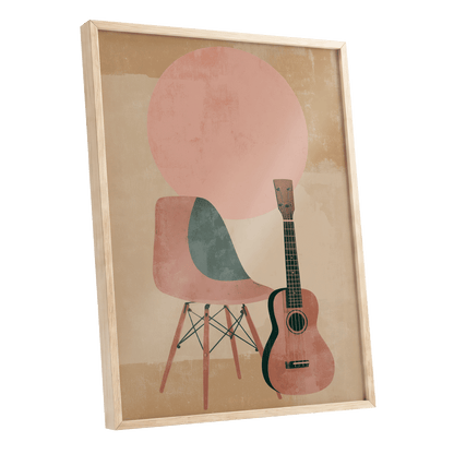 Quiet Chords, black, green, beige minimalist wall art shown as a oak framed poster wall art print