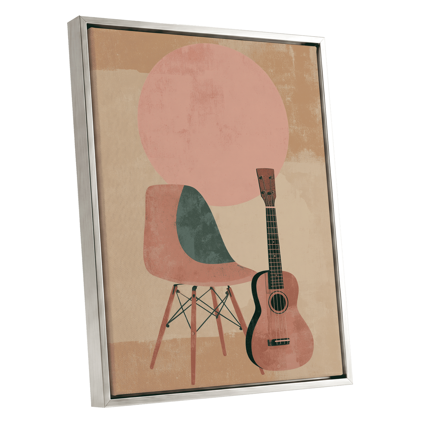 Quiet Chords, black, green, beige minimalist wall art shown as a silver framed canvas wall art