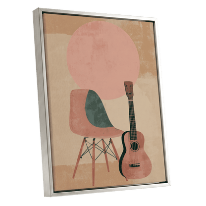Quiet Chords, black, green, beige minimalist wall art shown as a silver framed canvas wall art