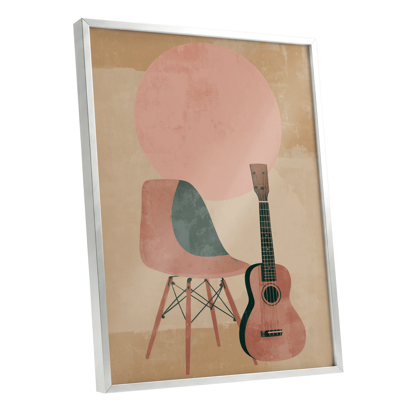 Quiet Chords, black, green, beige minimalist wall art shown as a silver framed poster wall art print