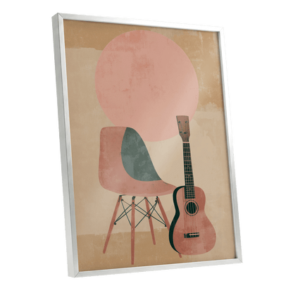 Quiet Chords, black, green, beige minimalist wall art shown as a silver framed poster wall art print