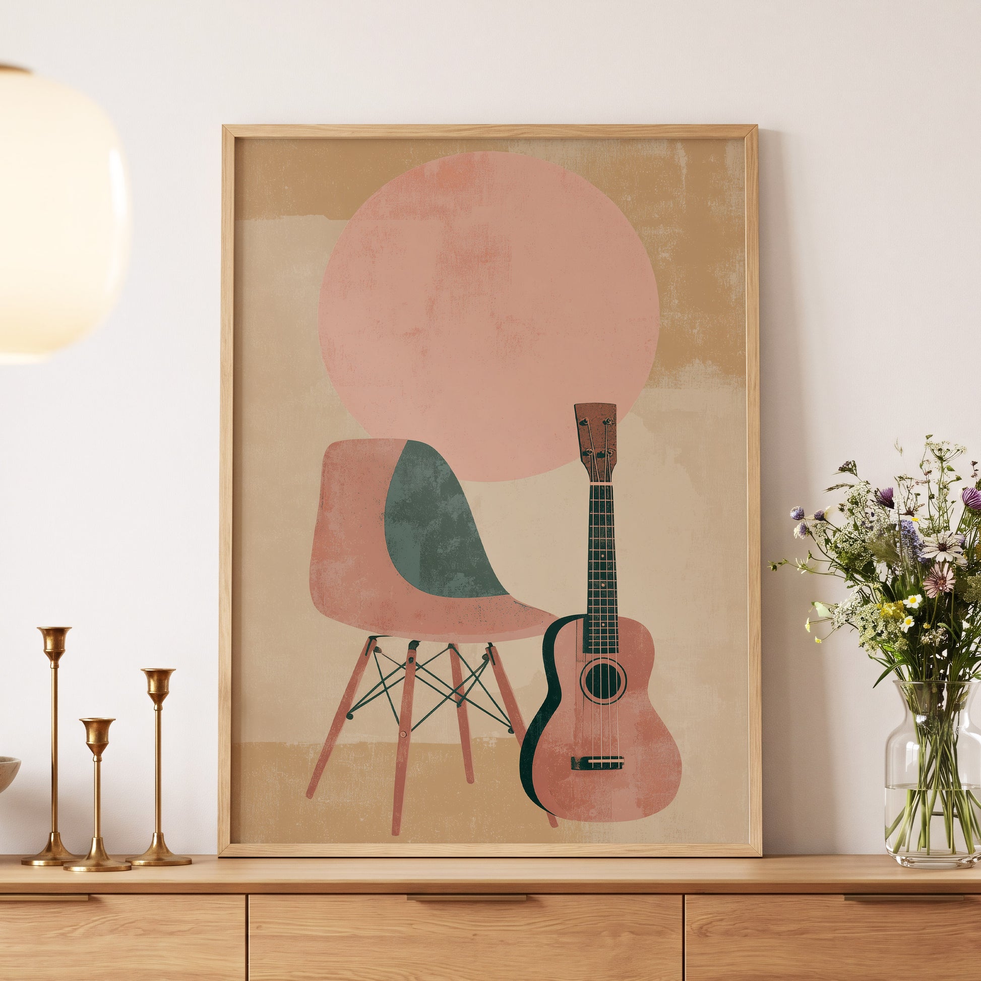 Quiet Chords, black, green, beige minimalist wall art displayed in a styled interior, gallery view 4