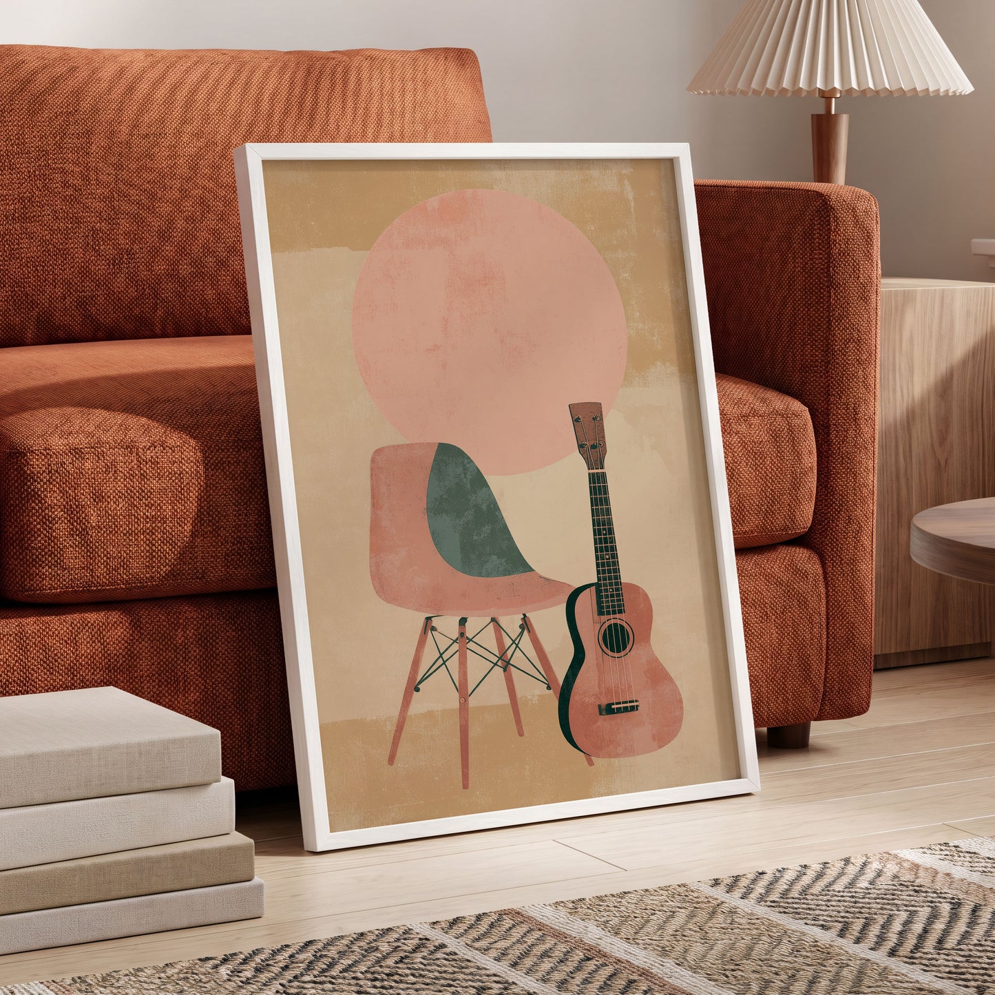 Quiet Chords, black, green, beige minimalist wall art displayed in a styled interior, gallery view 6