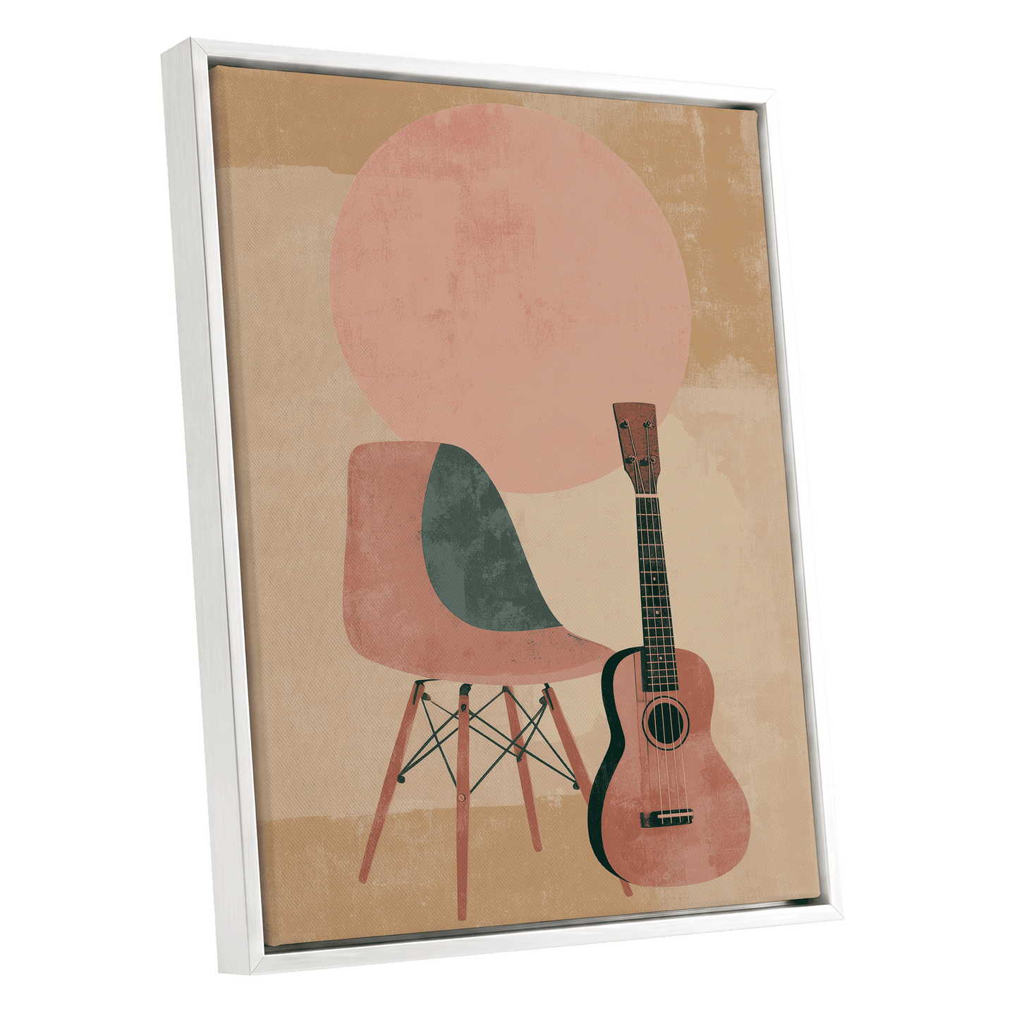 Quiet Chords, black, green, beige minimalist wall art shown as a white framed canvas wall art