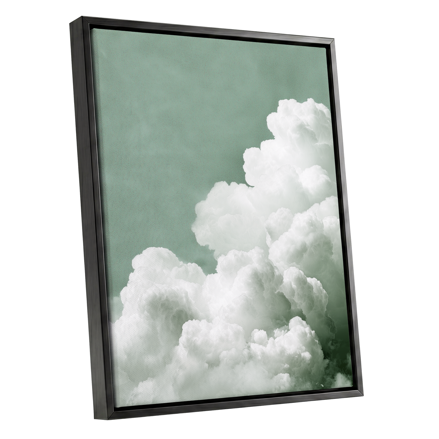 Quiet Cloudrise, green, white, gray nature wall art shown as a black framed canvas wall art