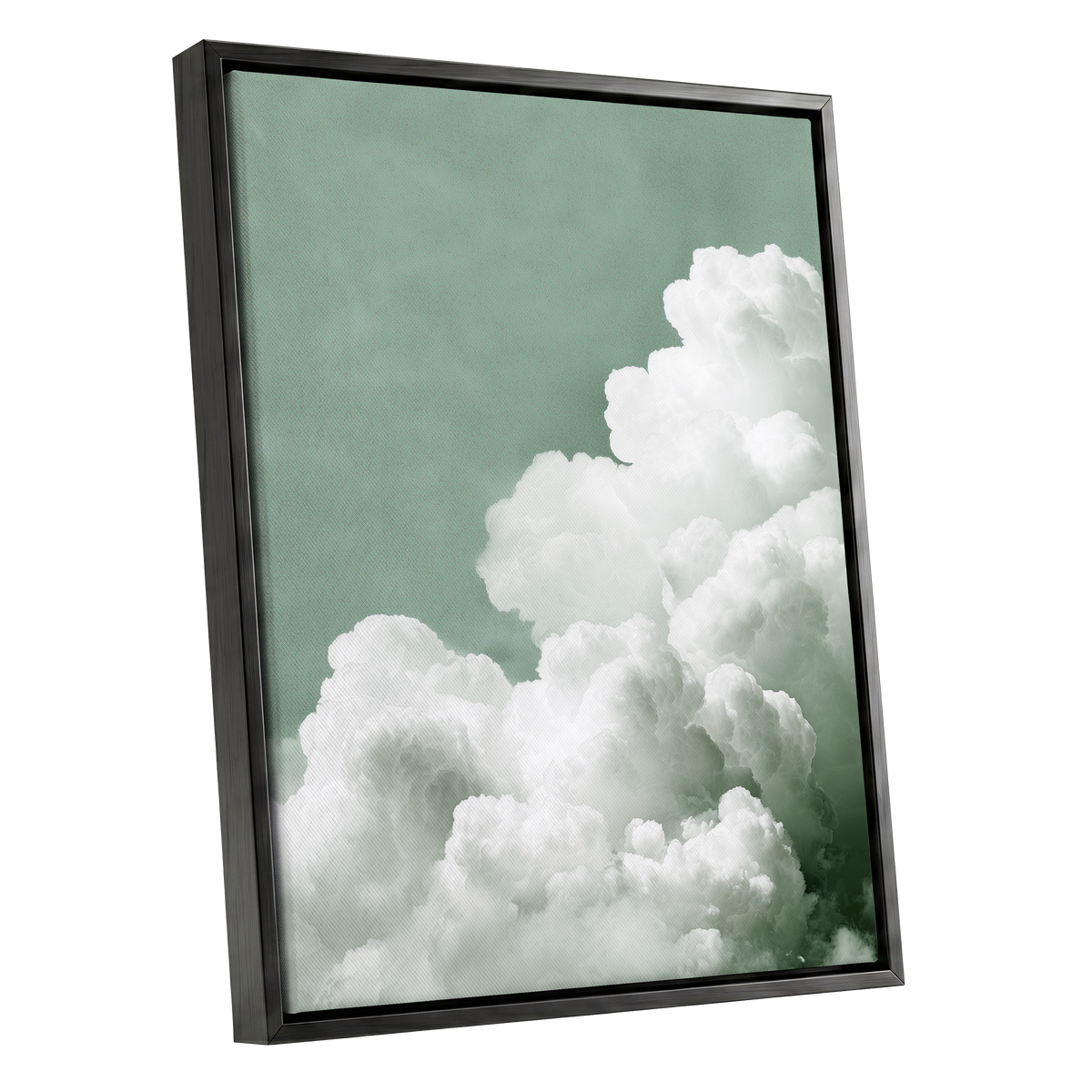Quiet Cloudrise, green, white, gray nature wall art shown as a black framed canvas wall art