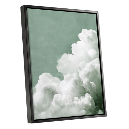 Quiet Cloudrise, green, white, gray nature wall art shown as a black framed canvas wall art
