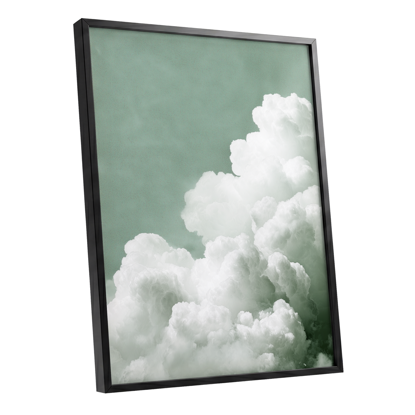 Quiet Cloudrise, green, white, gray nature wall art shown as a black framed poster wall art print