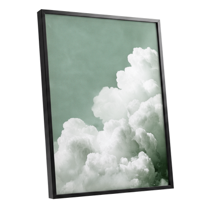 Quiet Cloudrise, green, white, gray nature wall art shown as a black framed poster wall art print