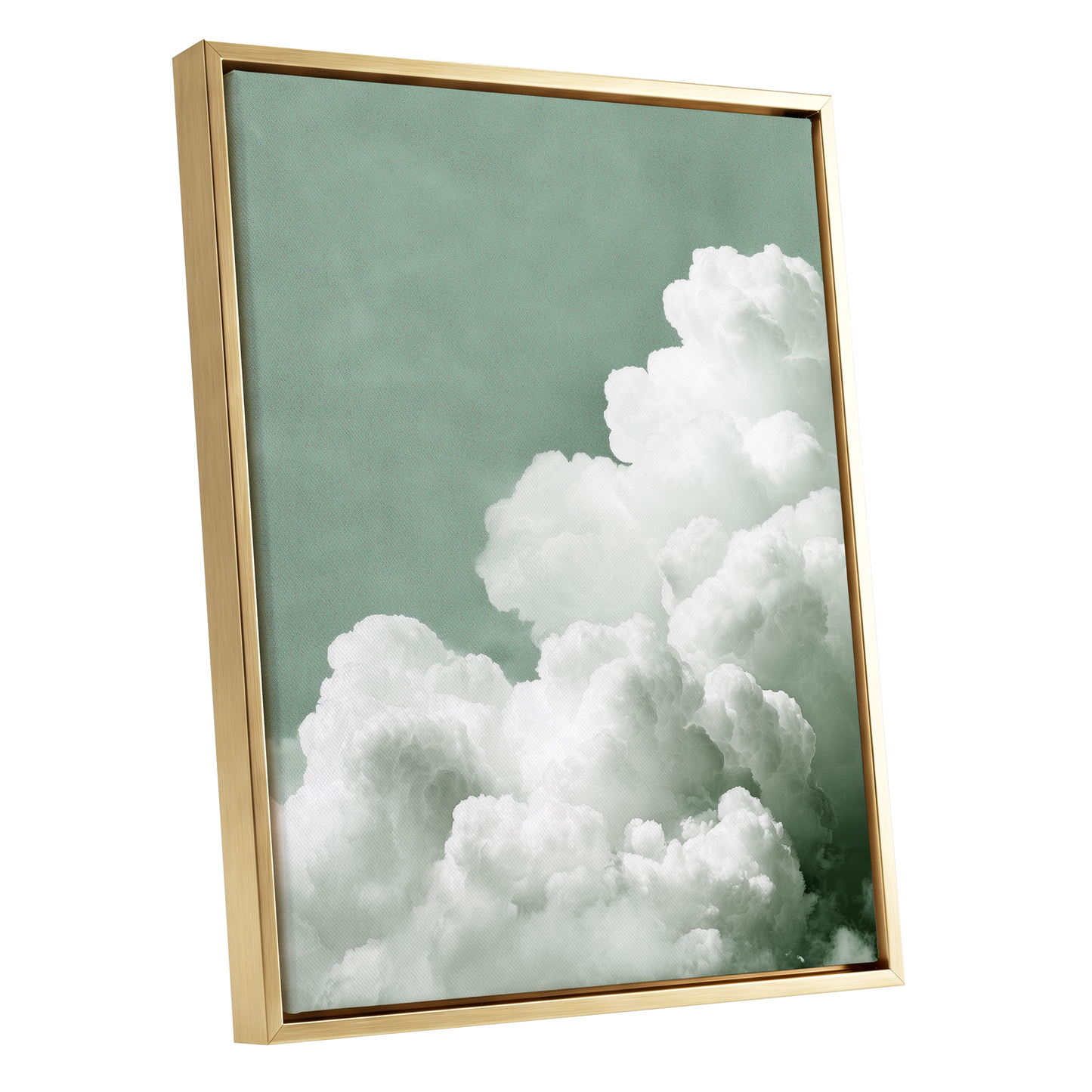 Quiet Cloudrise, green, white, gray nature wall art shown as a gold framed canvas wall art