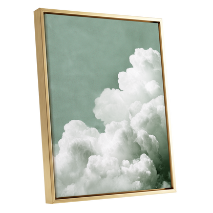 Quiet Cloudrise, green, white, gray nature wall art shown as a gold framed canvas wall art