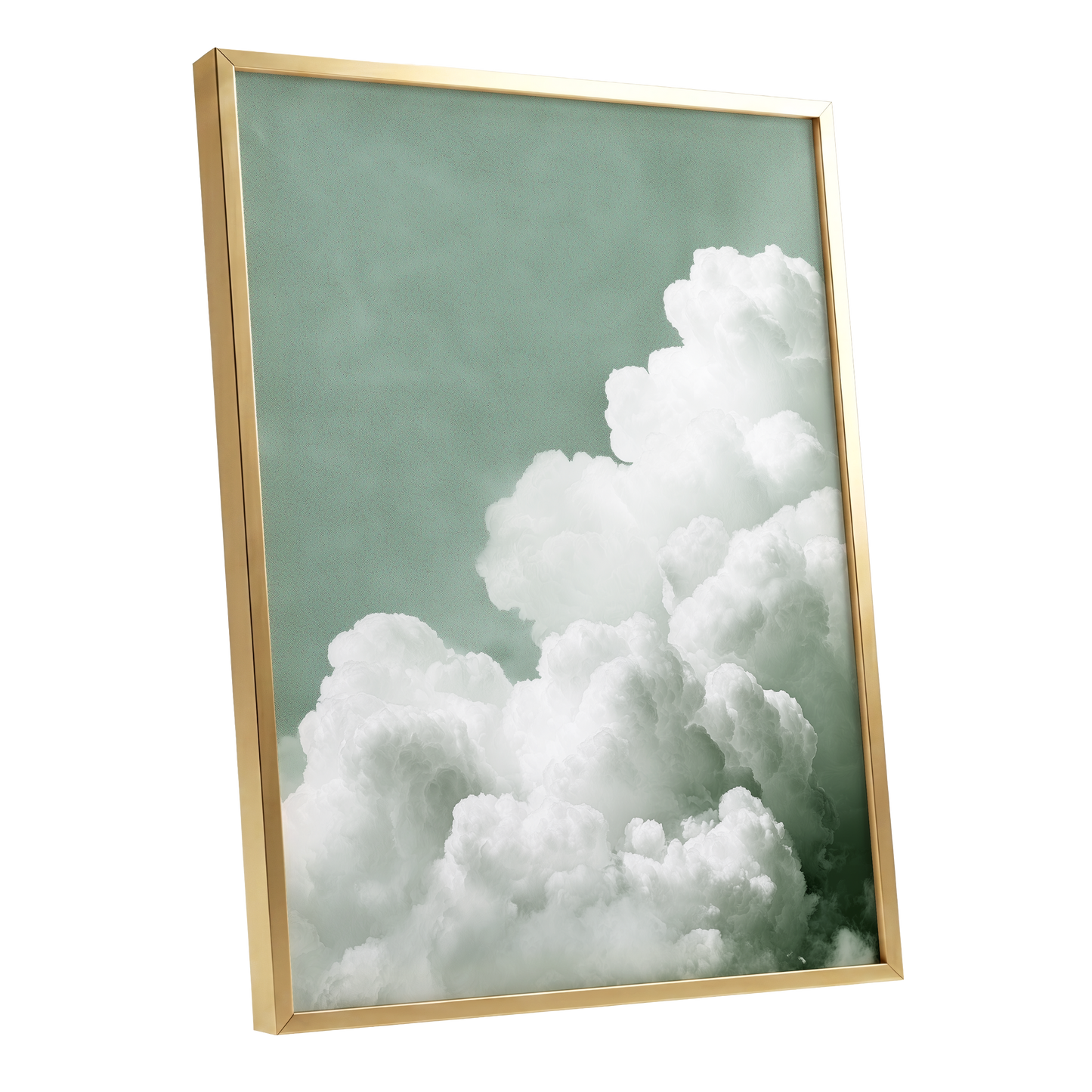 Quiet Cloudrise, green, white, gray nature wall art shown as a gold framed poster wall art print