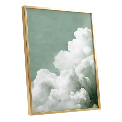 Quiet Cloudrise, green, white, gray nature wall art shown as a gold framed poster wall art print