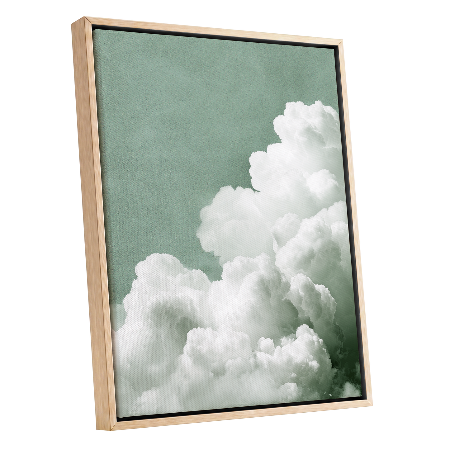 Quiet Cloudrise, green, white, gray nature wall art shown as a oak framed canvas wall art