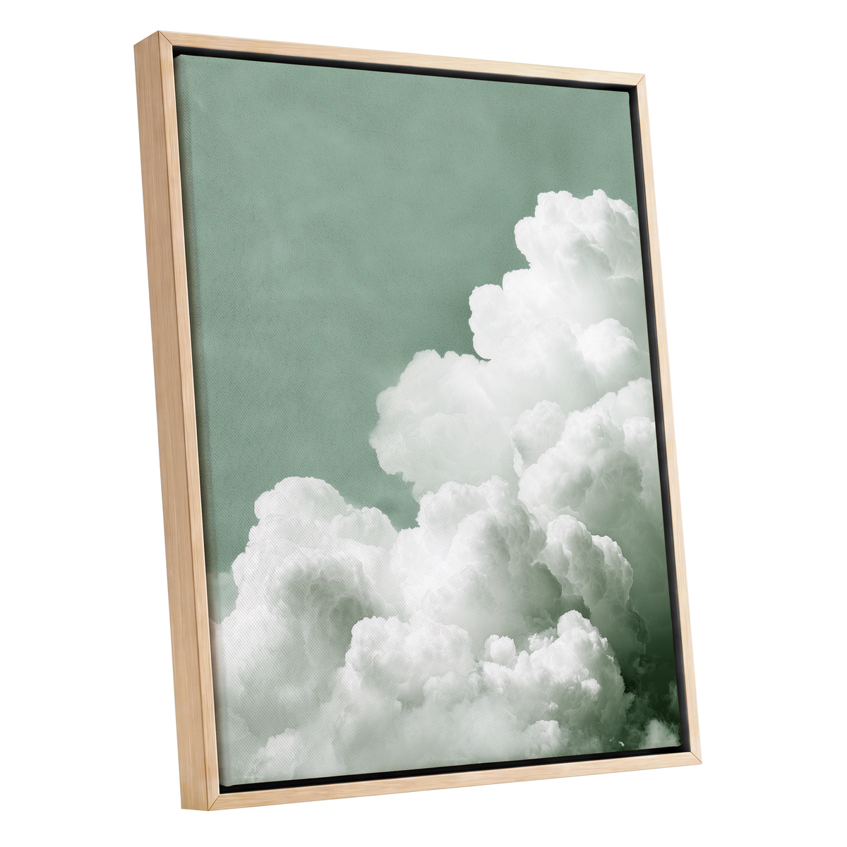 Quiet Cloudrise, green, white, gray nature wall art shown as a oak framed canvas wall art