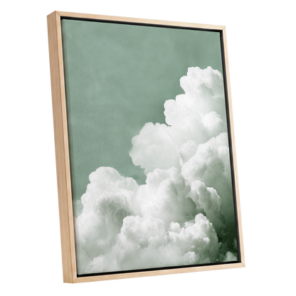 Quiet Cloudrise, green, white, gray nature wall art shown as a oak framed canvas wall art