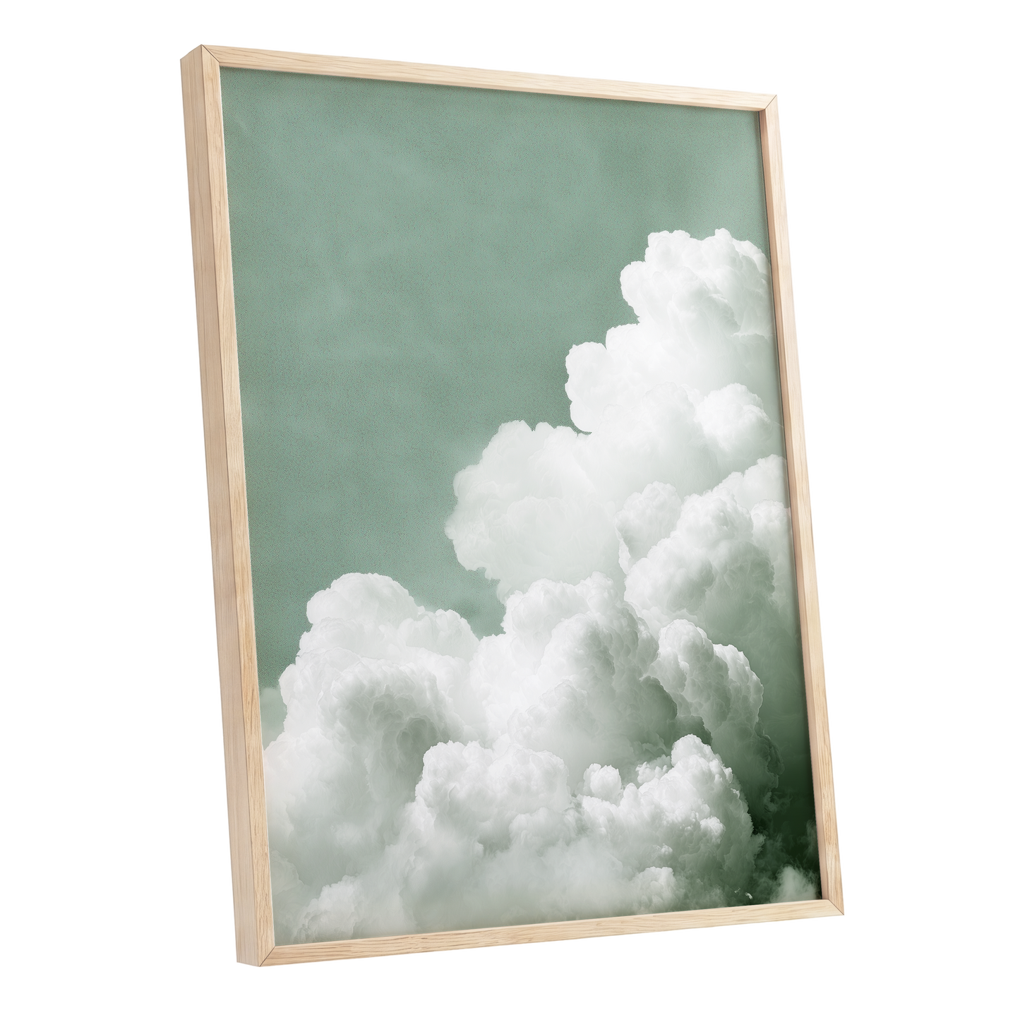 Quiet Cloudrise, green, white, gray nature wall art shown as a oak framed poster wall art print