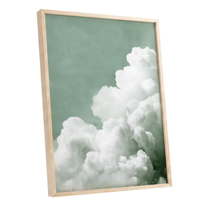 Quiet Cloudrise, green, white, gray nature wall art shown as a oak framed poster wall art print