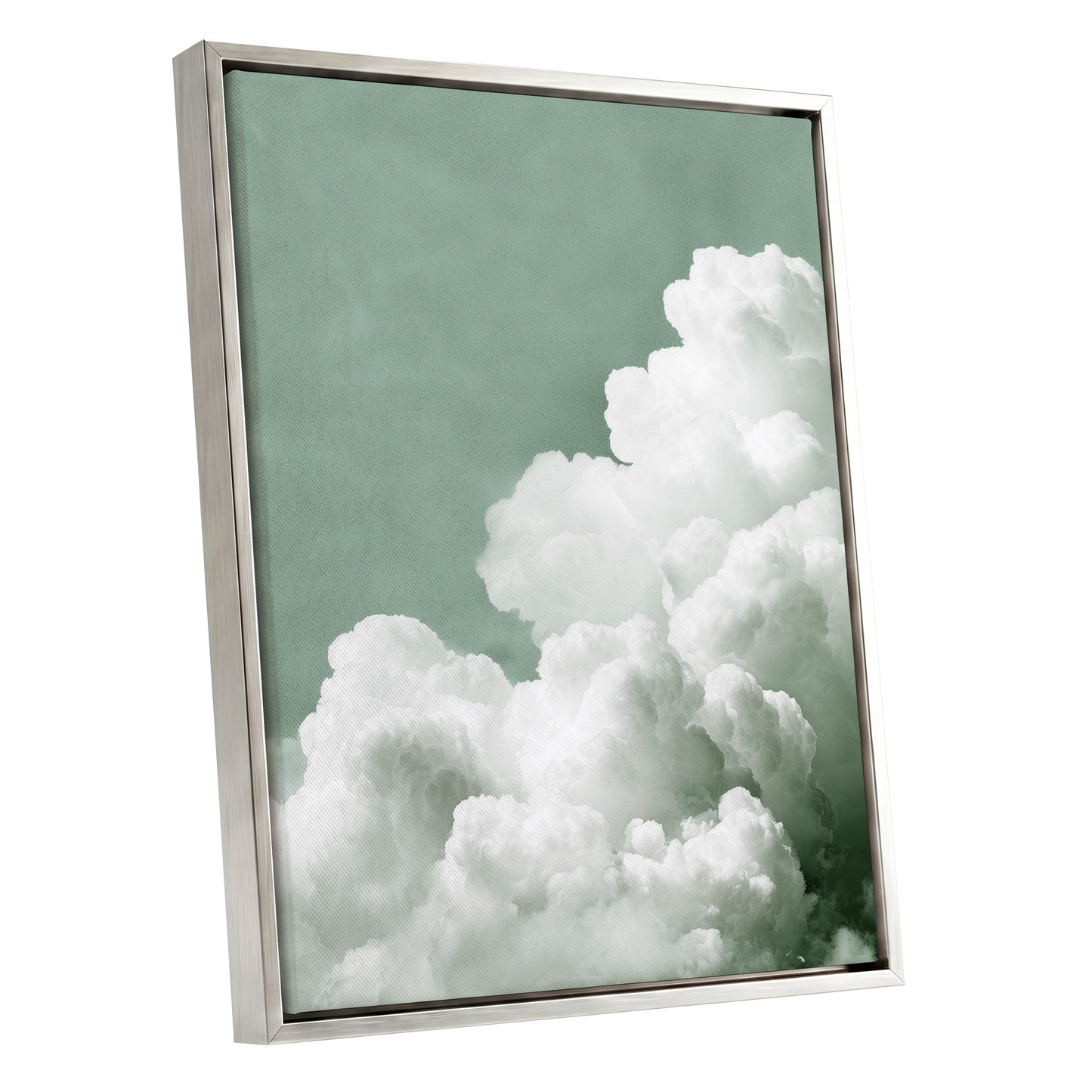 Quiet Cloudrise, green, white, gray nature wall art shown as a silver framed canvas wall art