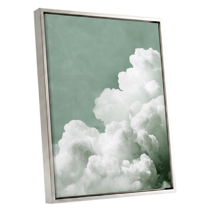 Quiet Cloudrise, green, white, gray nature wall art shown as a silver framed canvas wall art