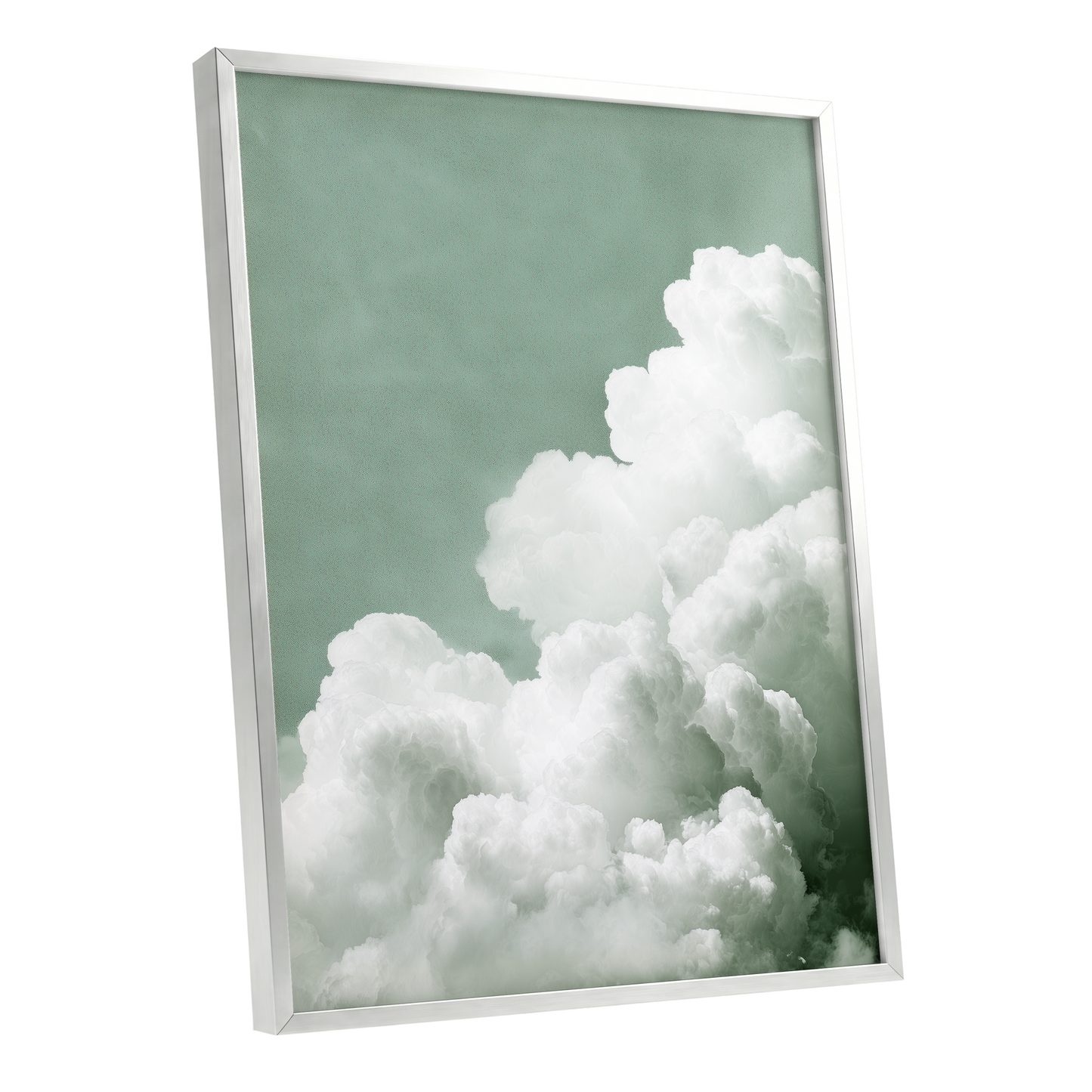 Quiet Cloudrise, green, white, gray nature wall art shown as a silver framed poster wall art print