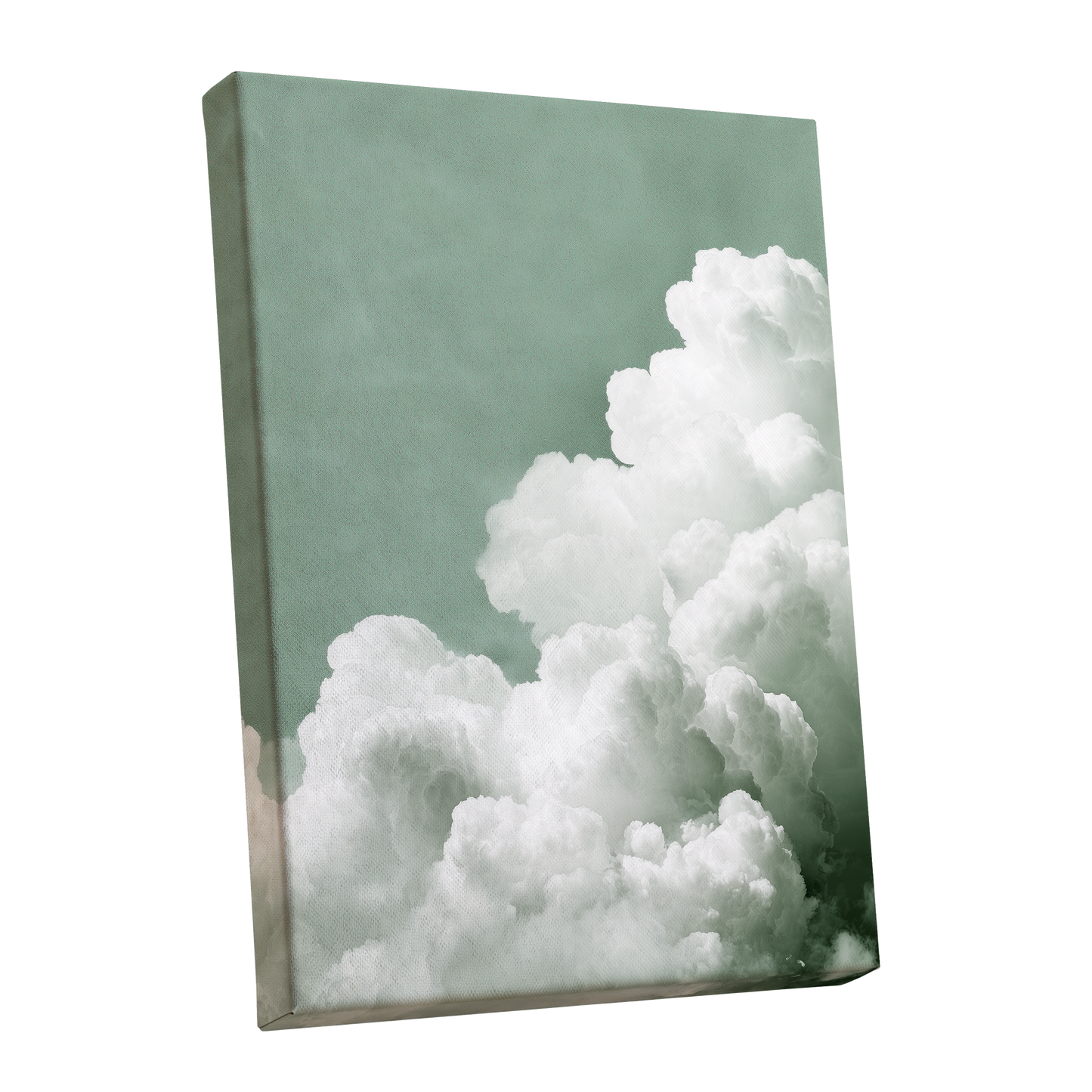 Quiet Cloudrise, green, white, gray nature wall art shown as a stretched canvas wall art