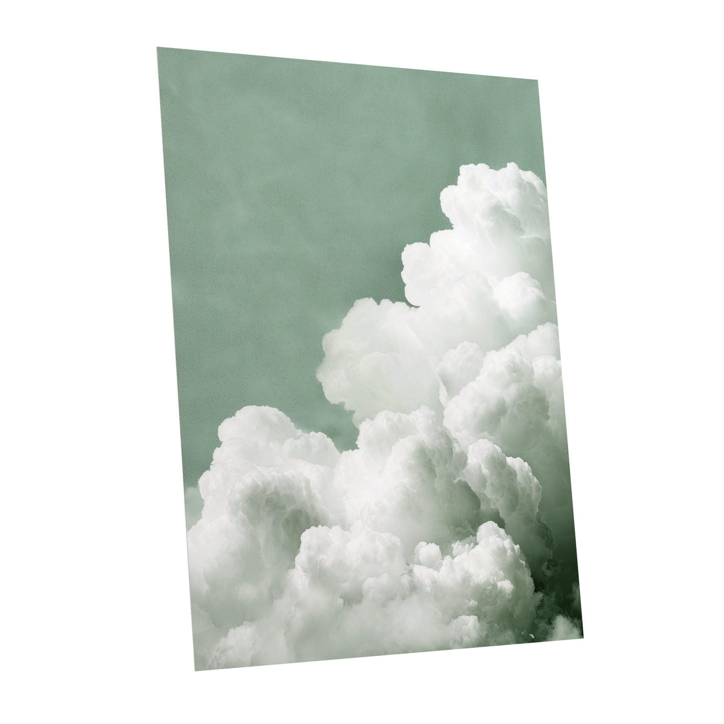 Quiet Cloudrise, green, white, gray nature wall art shown as a unframed poster wall art print