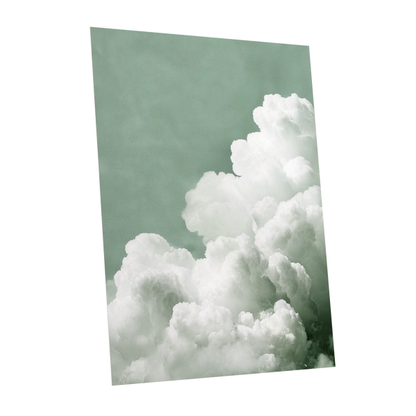 Quiet Cloudrise, green, white, gray nature wall art shown as a unframed poster wall art print