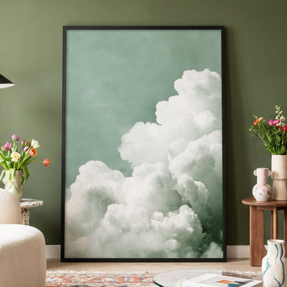 Quiet Cloudrise, green, white, gray nature wall art displayed in a styled interior, gallery view 2