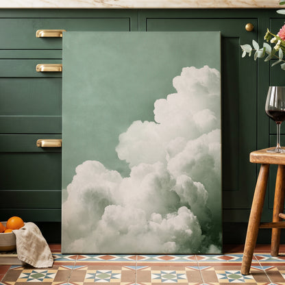 Quiet Cloudrise, green, white, gray nature wall art displayed in a styled interior, gallery view 3